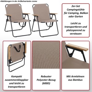2er-Set klappbare Campingstühle in Creme. Robustes Polyester, schwarzes Metallgestell, Bambus-Armlehnen. Ideal für Camping, Garten.