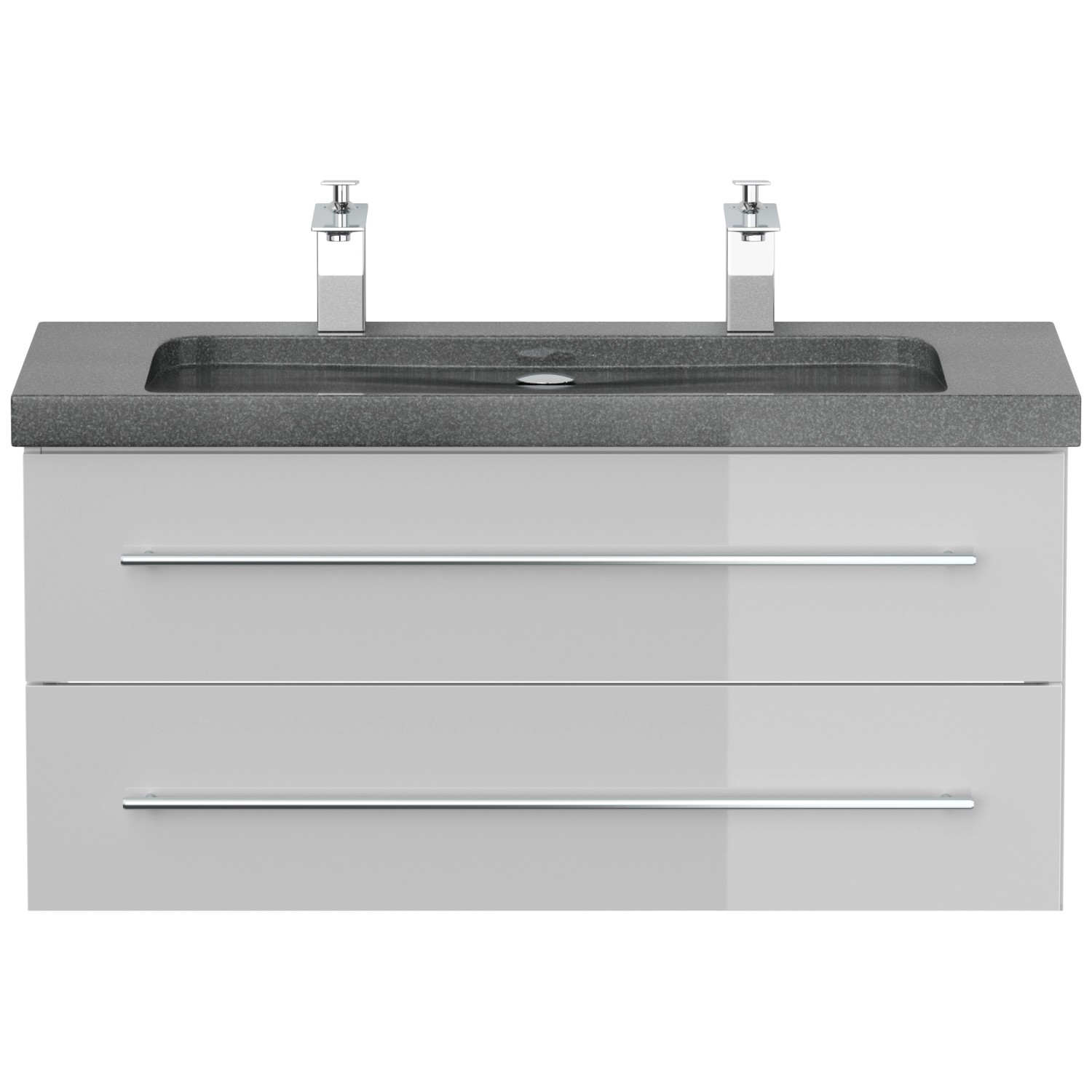 Posseik Badmöbel-Set Yamo, 100 cm, Weiß Hochglanz mit Granit Waschbecken und zwei Hahnlöchern.