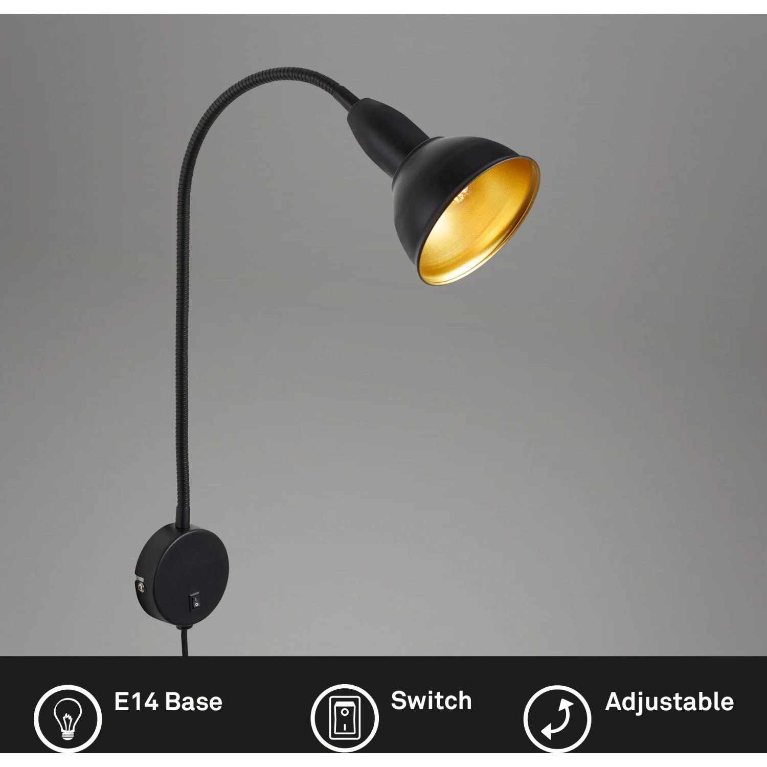 Schwarze Briloner Bettleuchte Hygge mit goldenem Lampenschirm und flexiblem Arm.