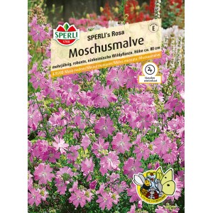 Samenpackung Sperli Moschusmalve Sperlis Rosa Rosa mit blühenden, rosa Malven.