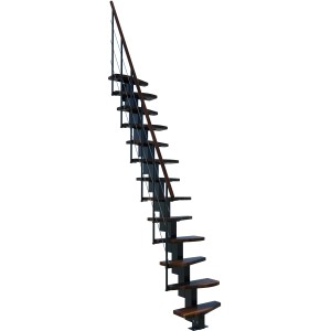 Minka Raumspartreppe Quatro in Walnuss/Schwarz, moderne Innentreppe mit Holzstufen und Metallgeländer.