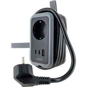 Schwaiger Ladeadapter mit 230V Steckdose, USB-A, USB-C und integrierter Kabeltrommel, schwarz-grau.