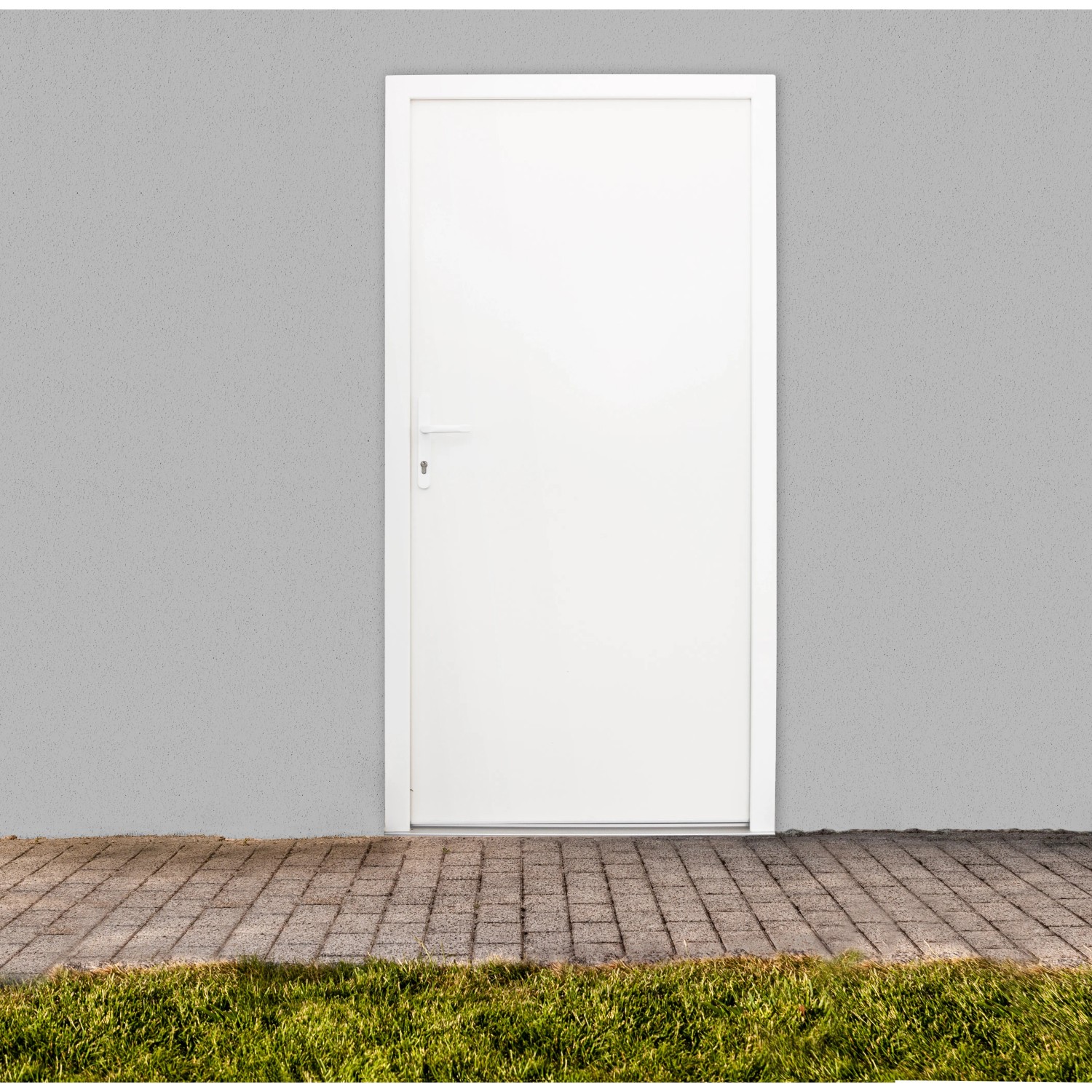 Weiße Stahl-Nebeneingangstür NS1, nach innen öffnend, linke Anschlagseite, 98x198 cm.