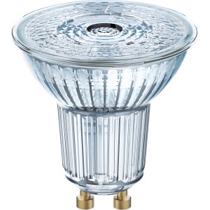 Osram GU10 LED-Leuchtmittel, 4,3 W, Warmweiß, 3er Set. Klares Glasgehäuse mit goldenen Kontakten.