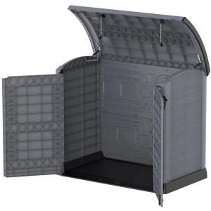 Geöffnete Duramax StoreAway ARC 1200L Universalbox in Anthrazit, ideal zur Gartenaufbewahrung.