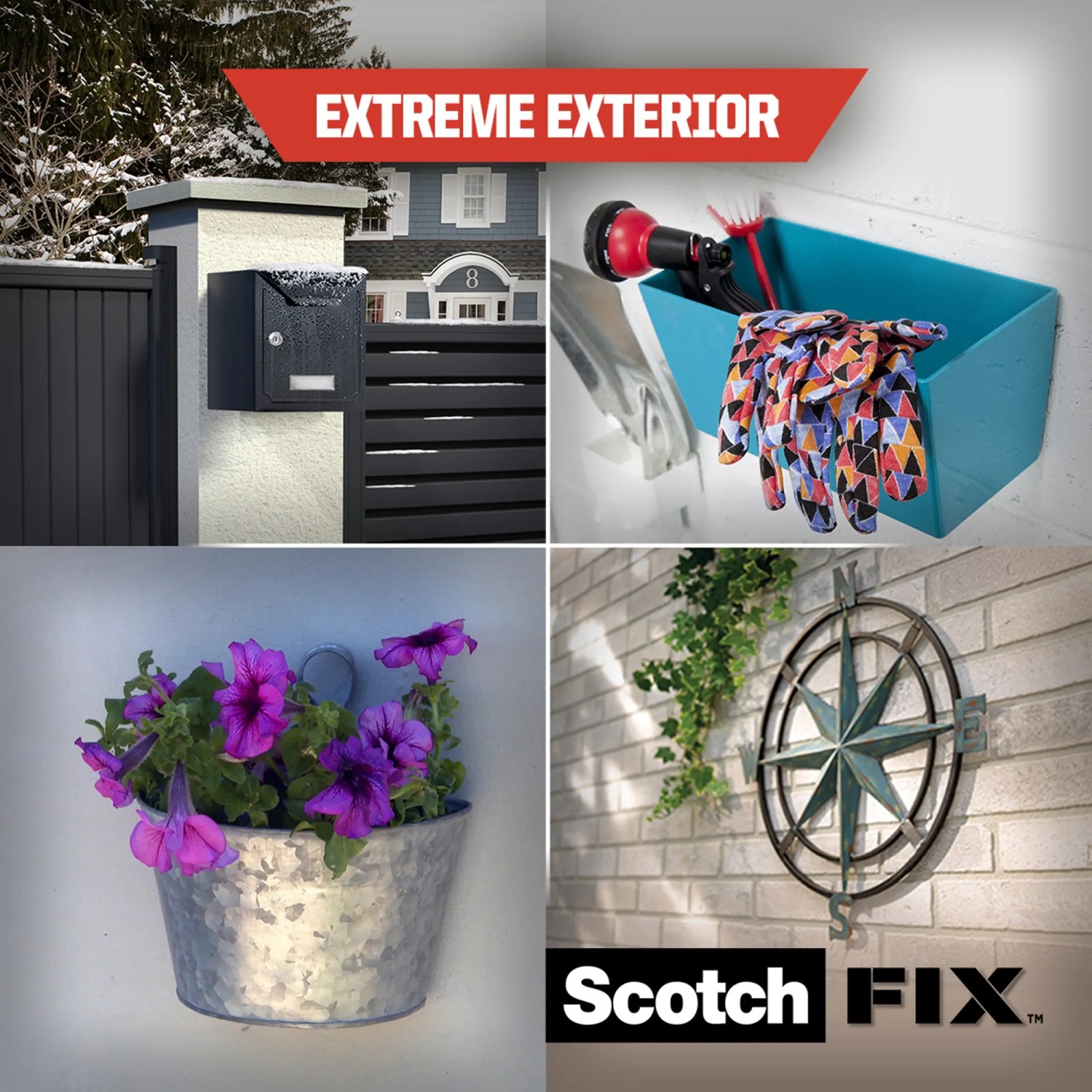 Anwendungsbeispiele Scotch-Fix Montageband für Aussen: Briefkasten, Blumenampel, Deko, Werkzeugkasten.