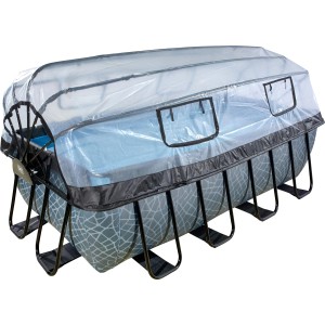 Grauer EXIT Stone Pool 400x200 mit Abdeckung, Stahlrahmen und Steinmuster.