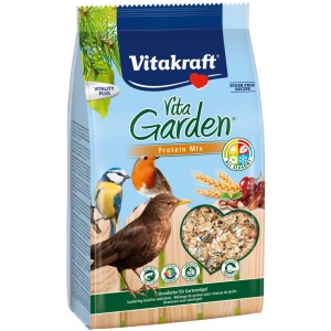 Vita Garden Protein Mix Wildvogelfutter 1kg Packung mit Abbildung von Gartenvögeln.