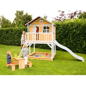 Axi Marc Spielhaus Braun - Weiß mit Weißer Rutsche 212 x 432 x 293 cm