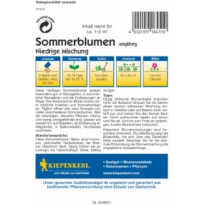 Kiepenkerl Blumenmischung "Niedrige Sommerblumen", Packung mit Infos zu Aussaat, Blütezeit und Verwendung.