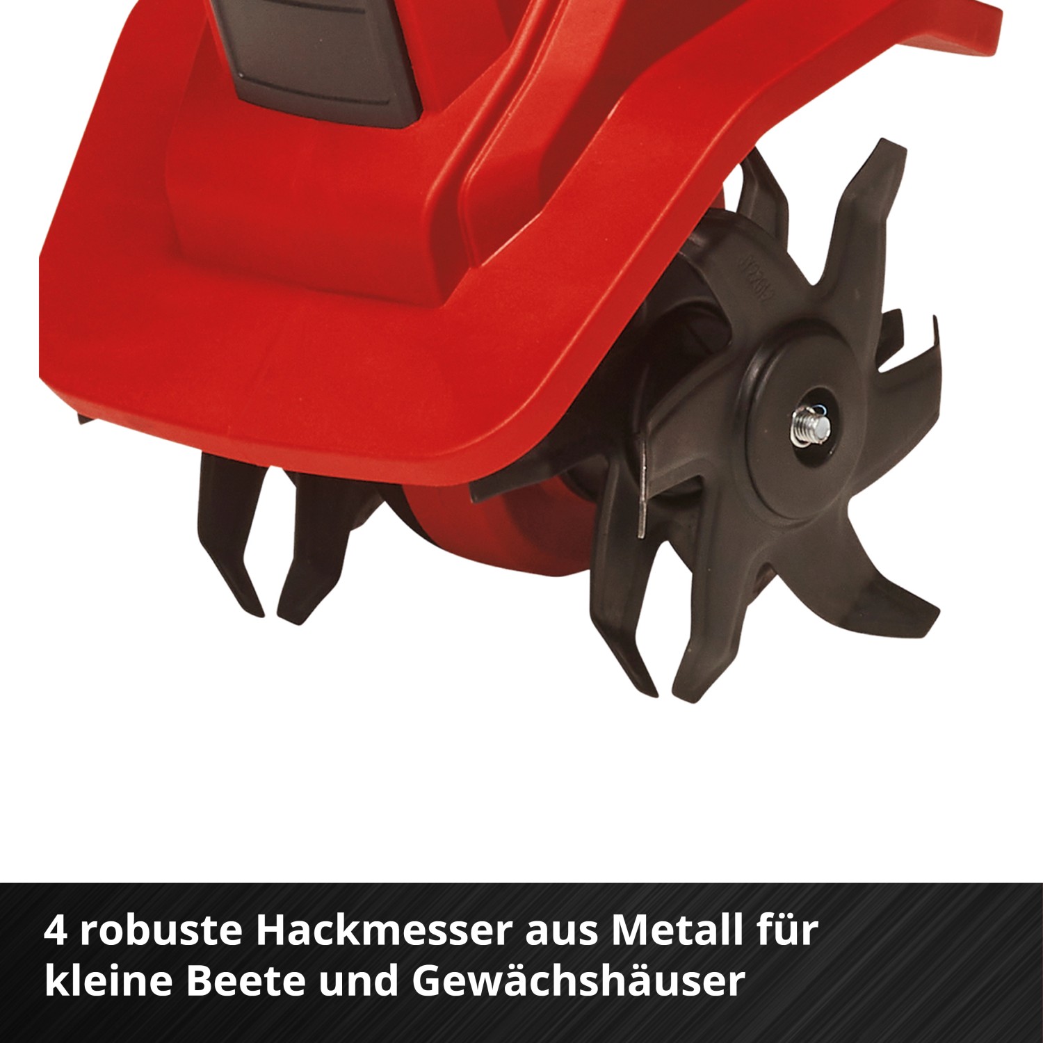 Detailaufnahme der Einhell Akku-Bodenhacke GE-CR 18/20 Li E mit Hackmessern.