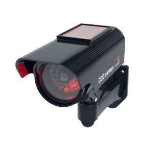Schwarze CCD Solar Kamera-Attrappe mit blinkender LED und Wandhalterung für den Außenbereich.