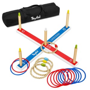 Toyfel Mitty Toss Wurfspiel XXL mit Holz-Kreuz, farbigen Stäben, Kunststoff- und Sisalringen und Tragetasche.