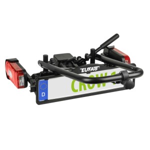 Zusammengeklappter Eufab Fahrradträger CROW 1 für Anhängerkupplung, mit Kennzeichenhalter und Rückleuchten.