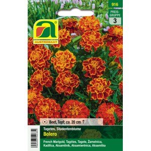 Austrosaat Studentenblume Bolero Saatgut mit rotorangen Blüten auf der Verpackung.