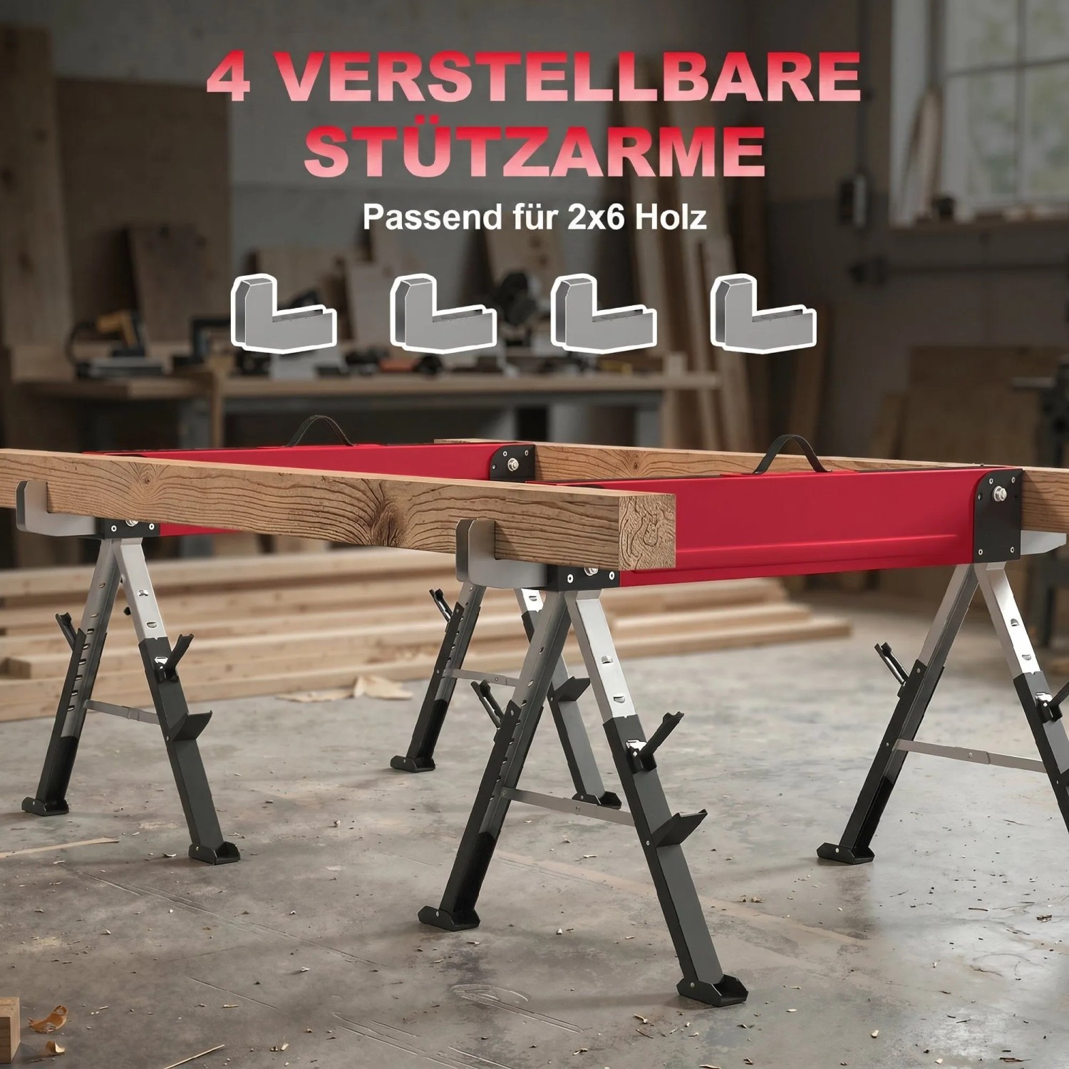Zwei rote HOMCOM Arbeitsböcke aus Metall, höhenverstellbar, mit EVA-Auflage für 2x6 Holz in Werkstatt.