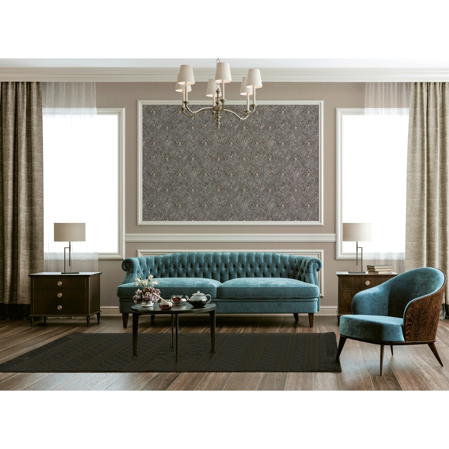 Wohnzimmer mit orientalisch gemusterter, grauer Vliestapete in Schwarz und Grau.