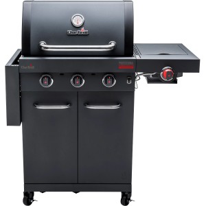 Schwarzer Char-Broil Gasgrill Professional Power Edition 3 mit 3 Brennern und Seitenbrenner.