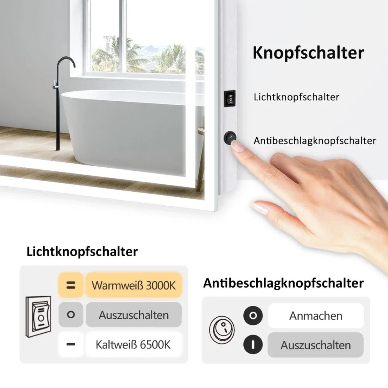 Emke LED Badspiegel: Hand bedient Knopfschalter für Licht (Kaltweiß/Warmweiß) und Anti-Beschlag. Schalterfunktionen.