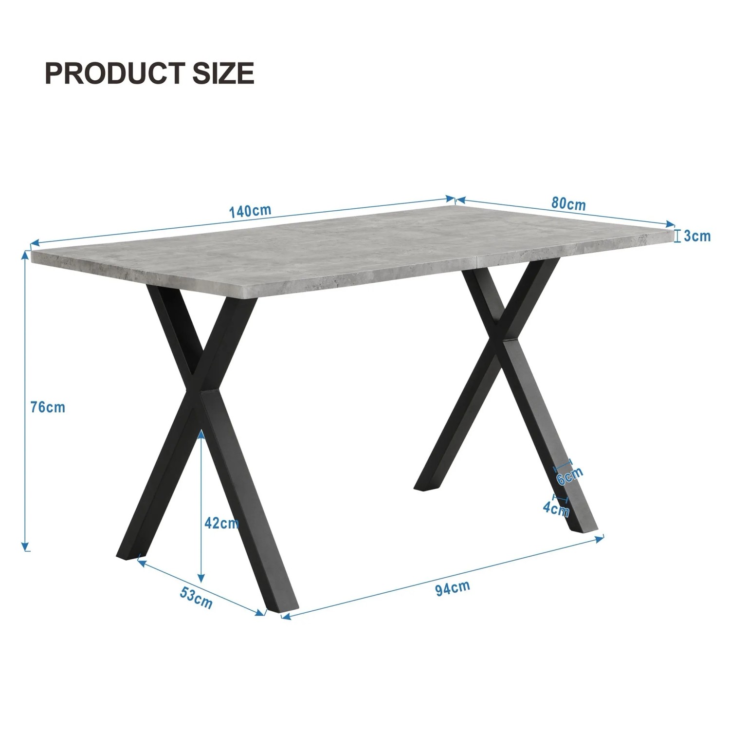 Grauer rechteckiger Esstisch 140x80cm mit Betonoptik-Platte und schwarzen X-Beinen aus Metall.