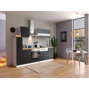 Respekta Küchenzeile KB250WS in Schwarz-Weiß mit E-Geräten und Spüle. Moderne Einbauküche mit Holz-Arbeitsplatte.