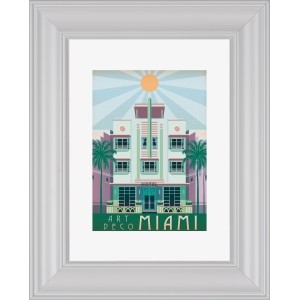 Weißer Kunststoff Bilderrahmen 18x24 cm mit Art Deco Miami Motiv. Klassischer Fotorahmen für Wand oder Tisch.