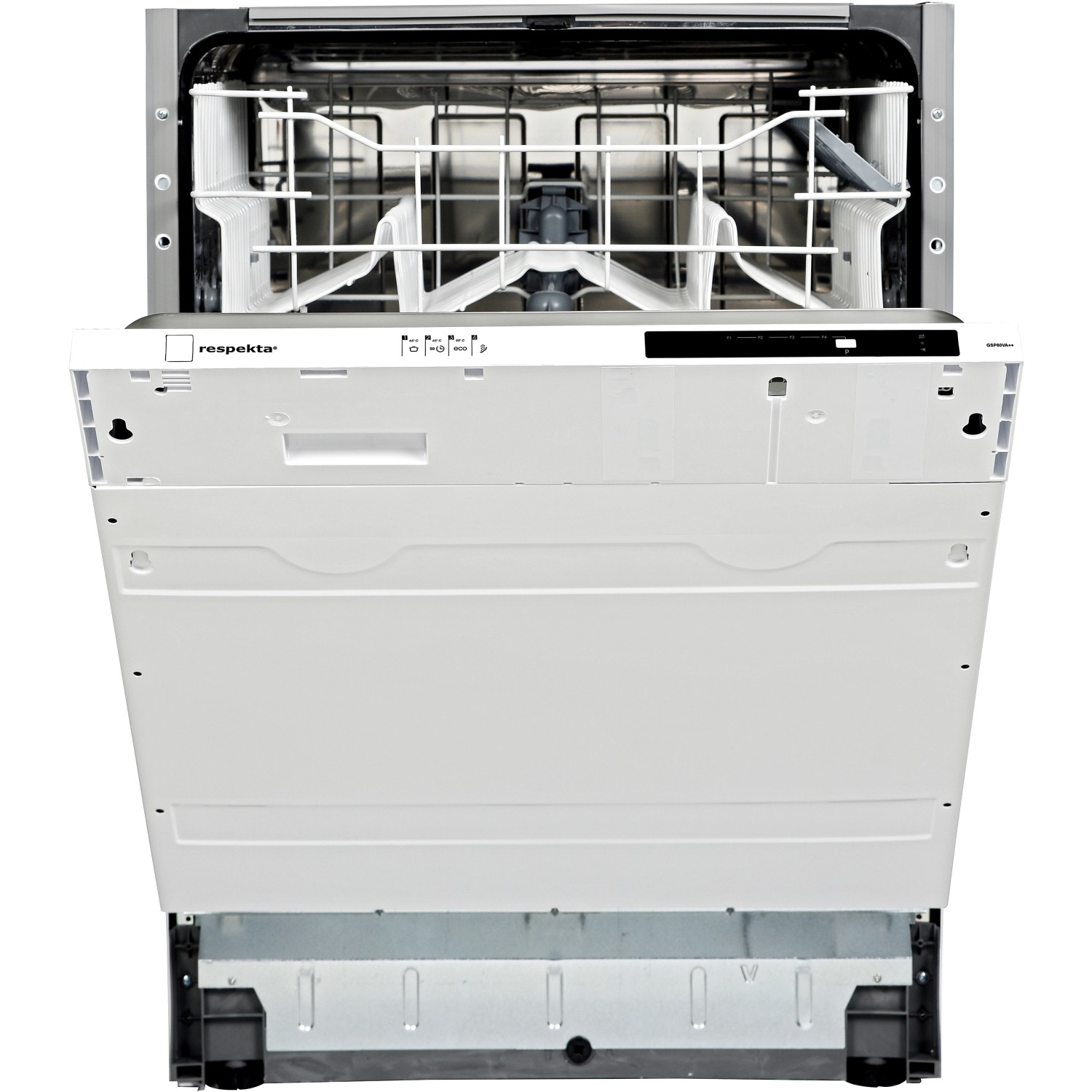 Geöffnete Respekta Einbau-Geschirrspülmaschine (vollintegriert) in Weiß mit Innenraum.