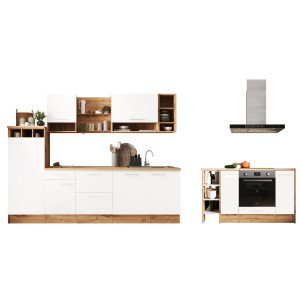 Respekta Inselküche Hilde 280 cm in Weiß mit Elektrogeräten und Kochinsel.