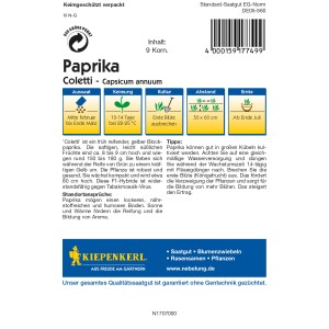 Kiepenkerl Profi-Line Paprika "Coletti" Samenpackung mit Infos zu Aussaat, Keimung, Kultur, Abstand und Ernte.