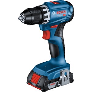 Bosch Professional Akku-Bohrschrauber GSR 18V-45, blau, mit Akku und Gürtelclip.