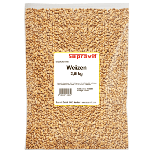 Supravit Futterweizen 2,5 kg in transparenter Tüte, goldene Weizenkörner für Geflügel und Kleintiere.