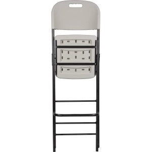 Zusammengeklappter, beiger Perel Barhocker mit Rückenlehne und schwarzem Gestell.