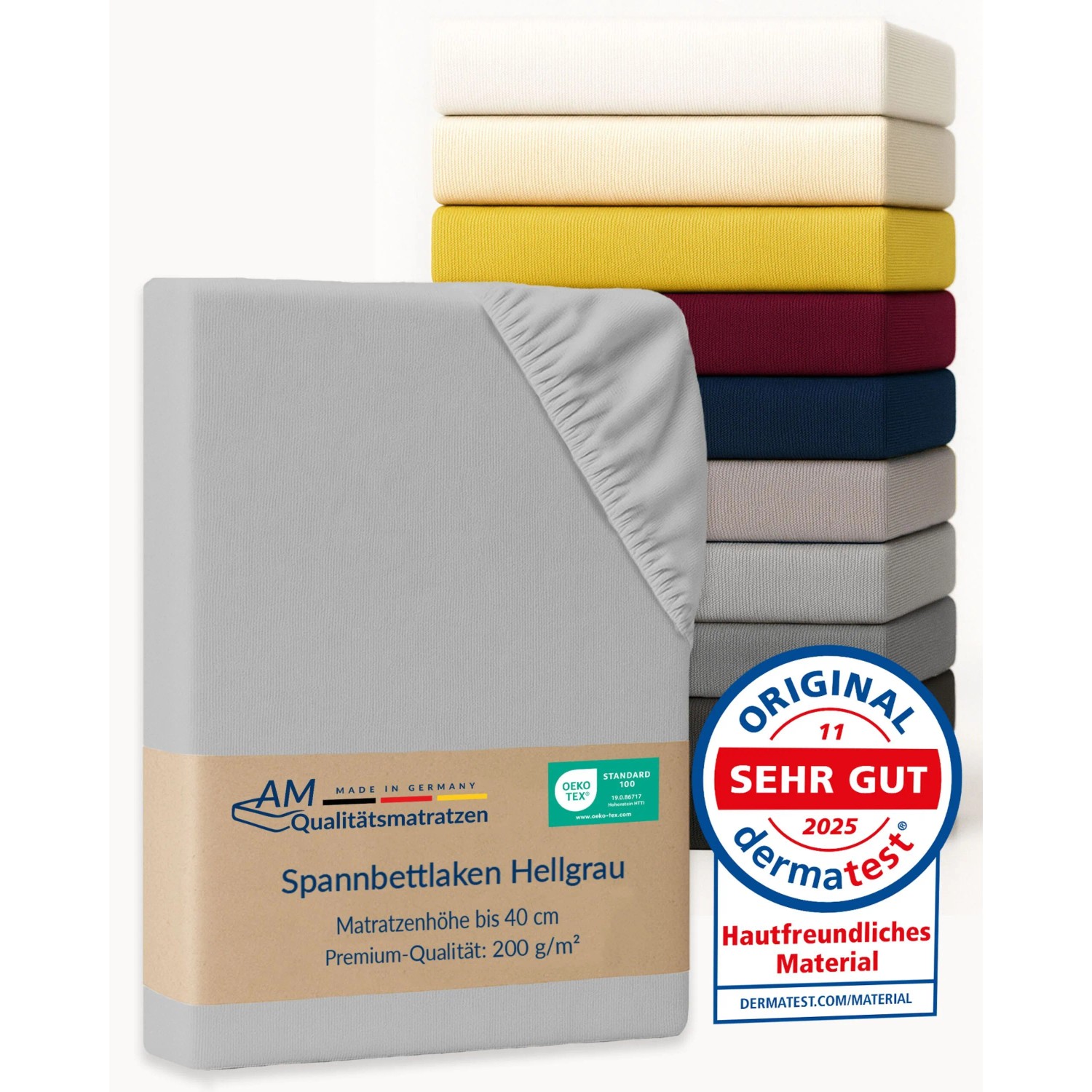 Hellgraues AM Premium Jersey Spannbettlaken aus Baumwolle für Boxspringbetten, gefaltet. Stapel farbiger Bettlaken.