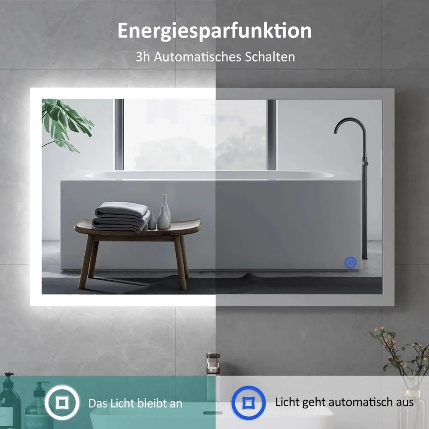 Emke Badspiegel 70x50cm mit LED-Beleuchtung, Kaltweiß Licht, Touchschalter, zeigt Energiesparfunktion mit Licht an/aus.