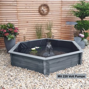 Promadino Sechseck-Hochteich Grau Ø 200 cm inkl. Pumpe 220 Volt aus Holz