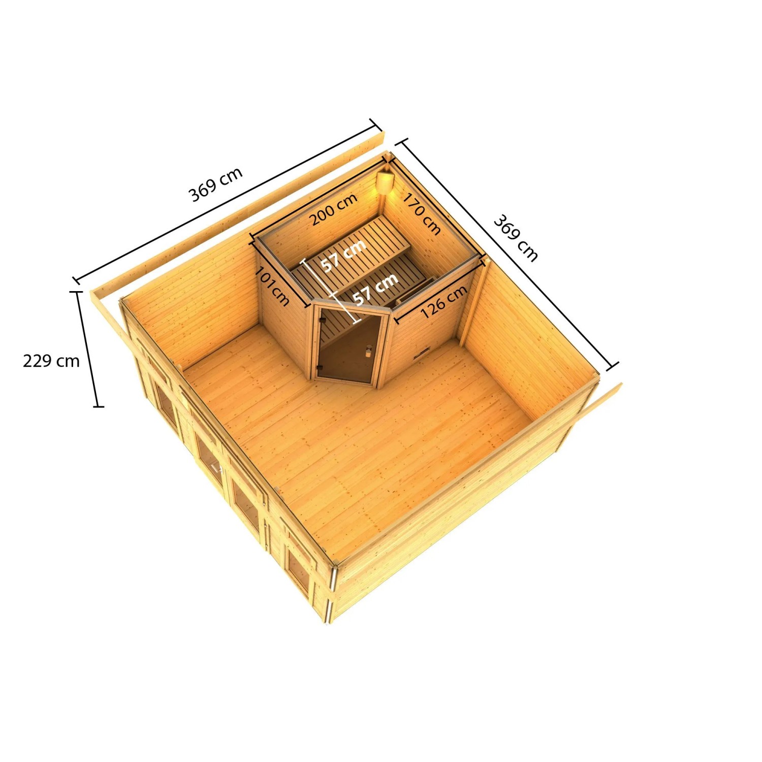Karibu Saunahaus Magnus 3 Set A, terragrau, mit Maßen und Inneneinrichtung.