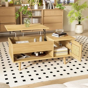 Couchtisch mit anhebbarer Tischplatte, Rattan-Türen und Stauraum in Naturholzoptik für Wohnzimmer.