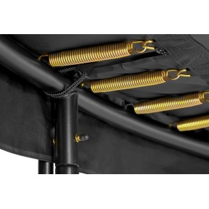 Detailaufnahme: Goldene Federn am schwarzen Salta Trampolin Premium Black Edition.