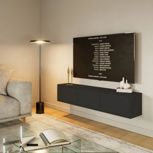 Modernes schwarzes Selsey TV-Hängeboard Framme 150 cm mit 3 grifflosen Klappen, wandmontiert unter TV im Wohnzimmer.