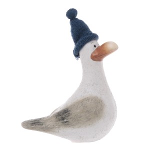 Deko-Figur Möwe Hinnerk mit blauer Pudelmütze, 18 cm, für Garten & Terrasse.