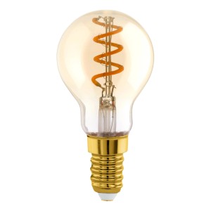 Dimmbares Eglo E14 LED Leuchtmittel in Globeform mit warmweißem Licht und goldfarbener Fassung.
