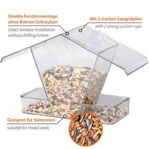 Transparentes Dobar Fenster-Vogelfutterhaus mit zwei Futterplätzen und Saugnäpfen.