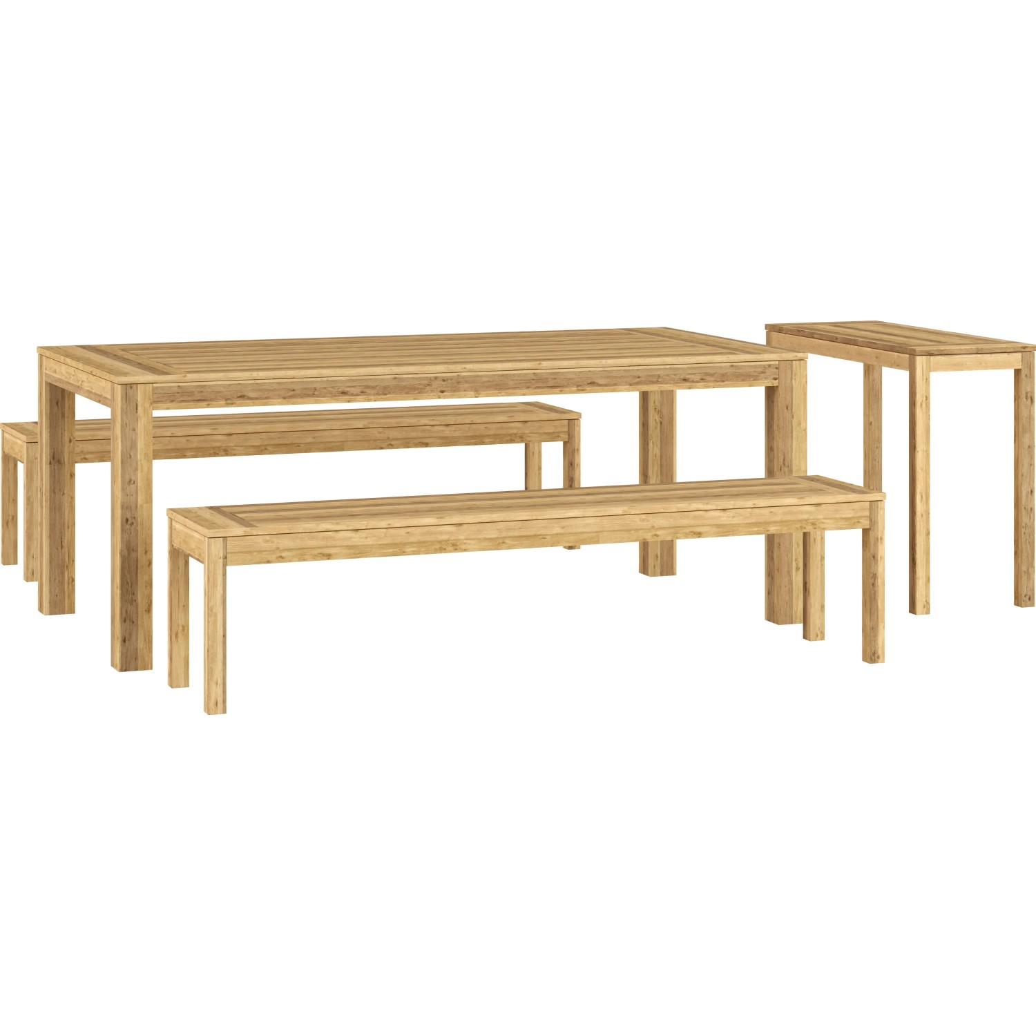 Rechteckiger Gartentisch Murrigal (100x40 cm) mit Holzbänken und Beistelltisch aus Holz.