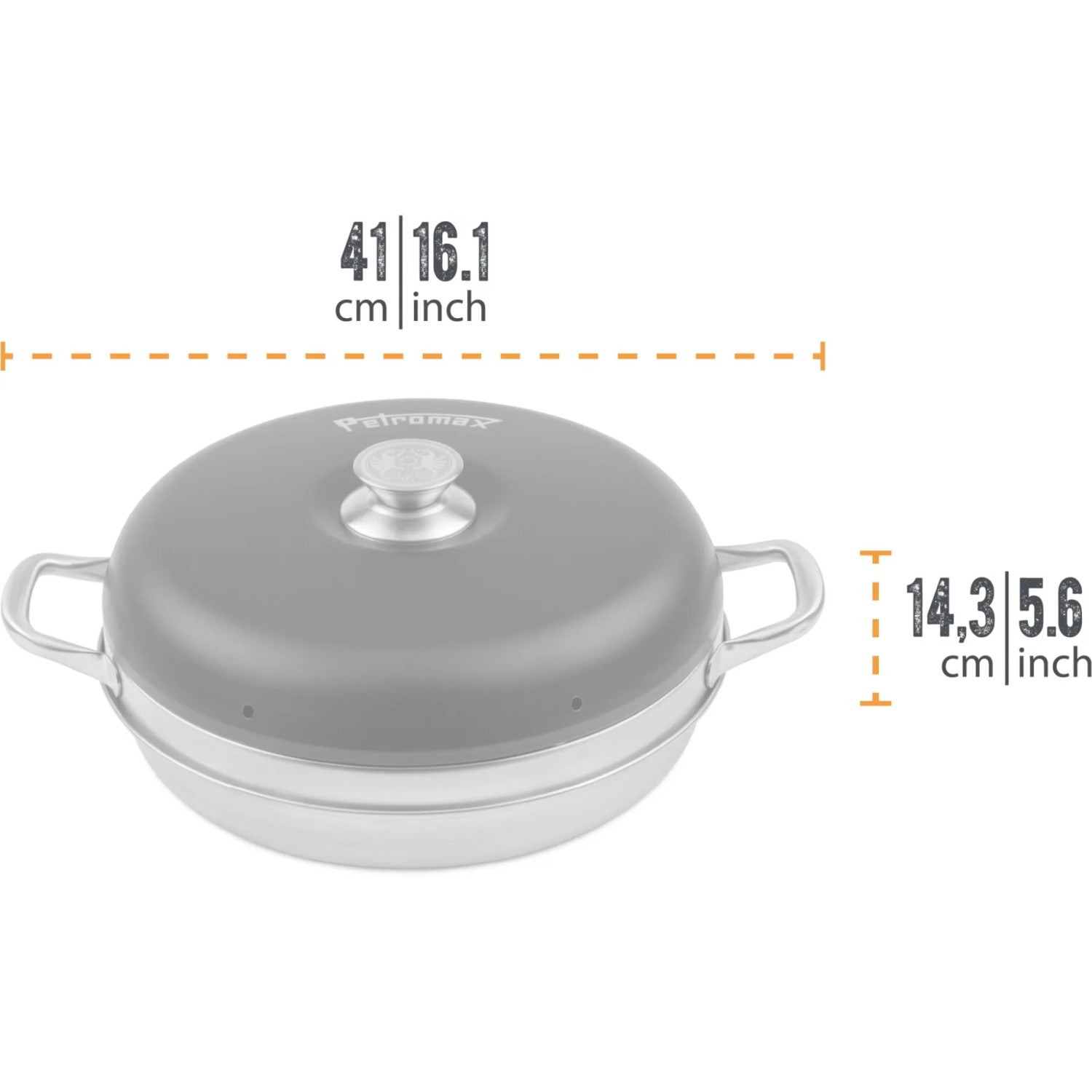 Petromax Camping Backofen aus Edelstahl mit Deckel und Griffen, Grillutensil für Outdoor-Küche.