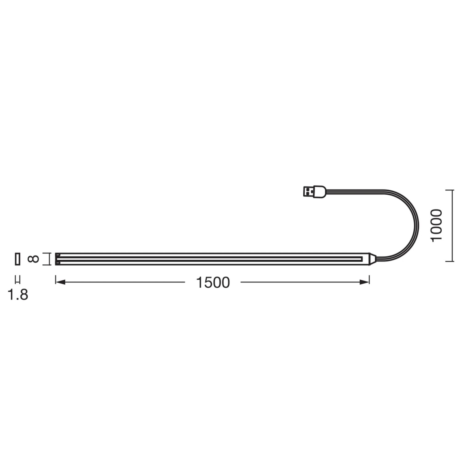 Technische Zeichnung Osram LED-Streifen Flex, 150cm Länge, mit Maßangaben.
