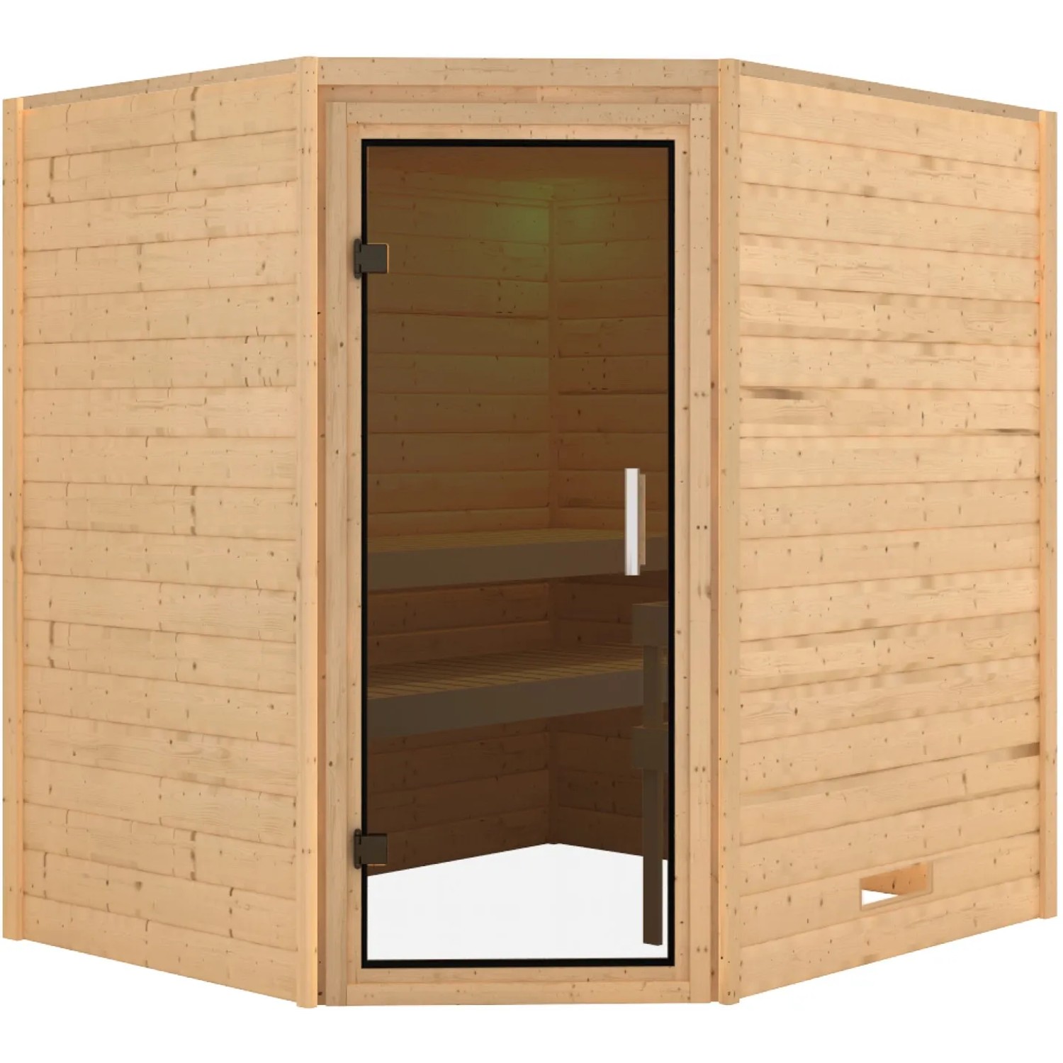 Karibu Sauna Mia Natur aus Massivholz mit Glastür und zwei Liegen.