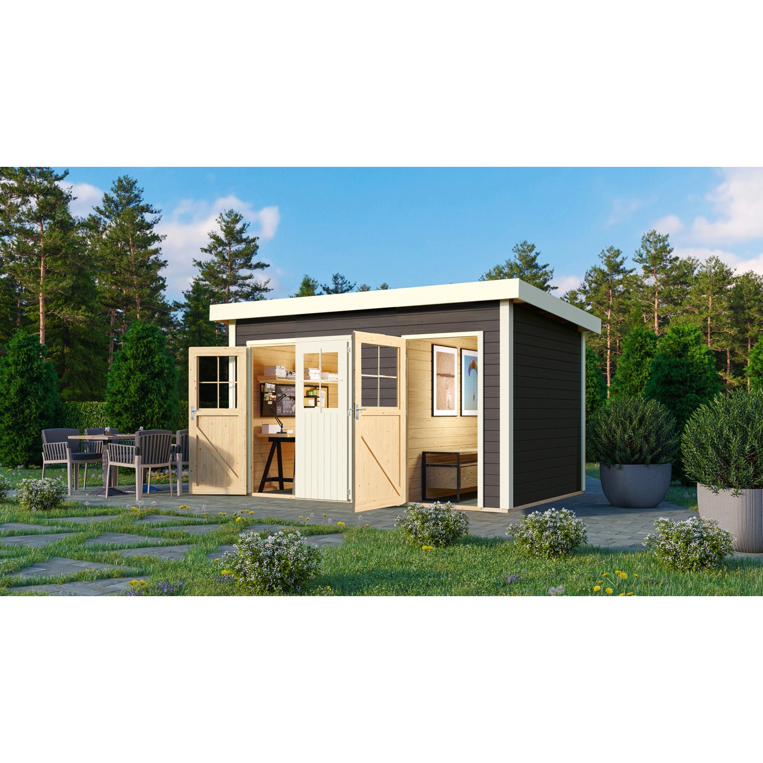 Terragraues Karibu Holz-Gartenhaus Skanderbor mit Flachdach (360x240 cm) im Garten.
