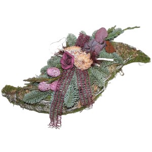 Grabgesteck Mooswelle, 45 cm, mit Brombeere-farbener Deko, Nobilistanne und Konifere.