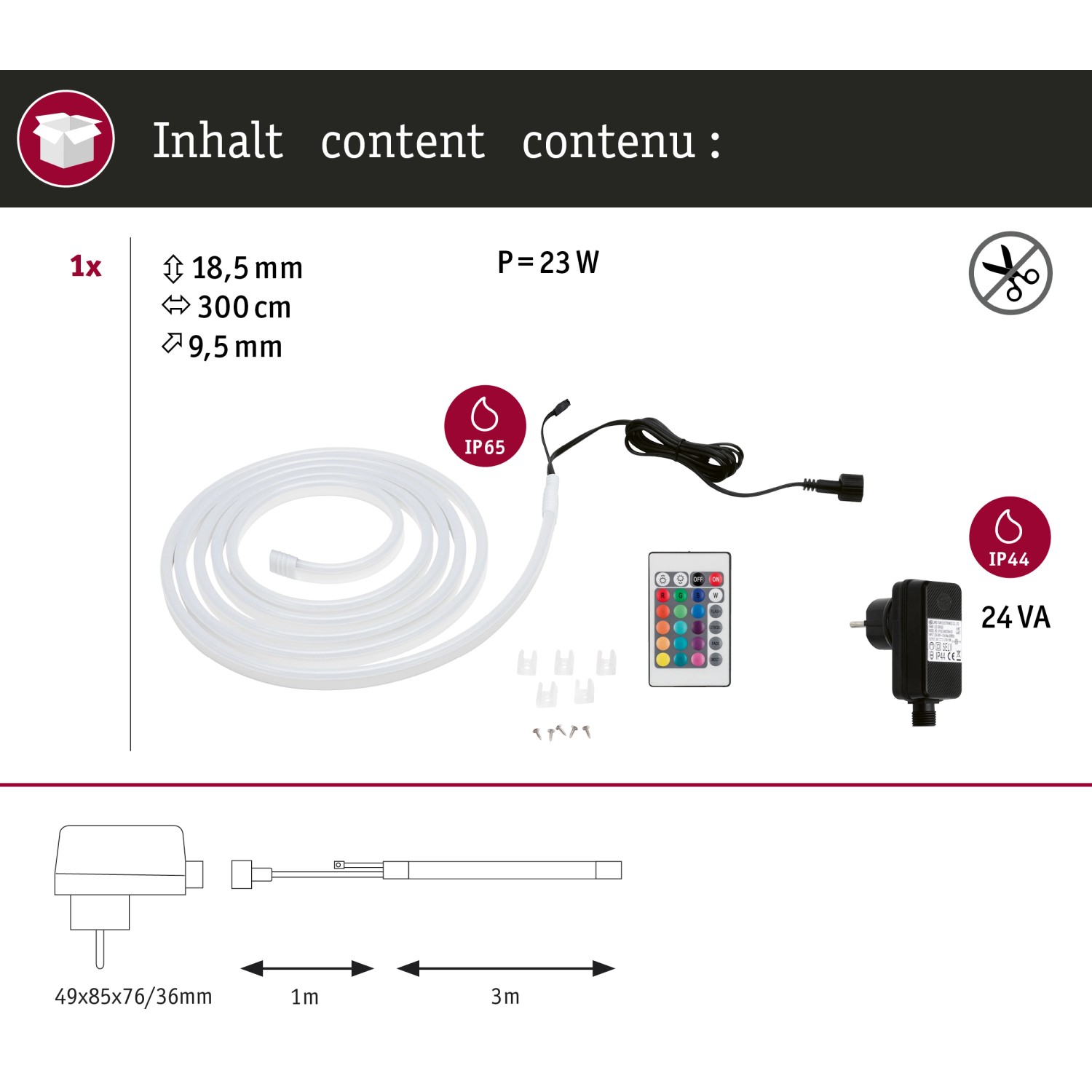 Paulmann SimpLED LED Strip Outdoor RGB 3m Komplett-Set, weiße Lichtleiste mit Fernbedienung und Zubehör.