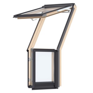 Velux Dachbalkon Unterteil, feststehend, klar lackiert, 109x78 cm, geöffnet.